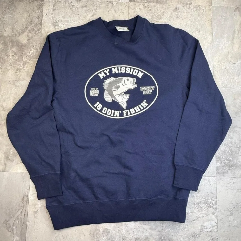 Funny 00s navy blue fishing crewneck medium - Picture 1 of 8